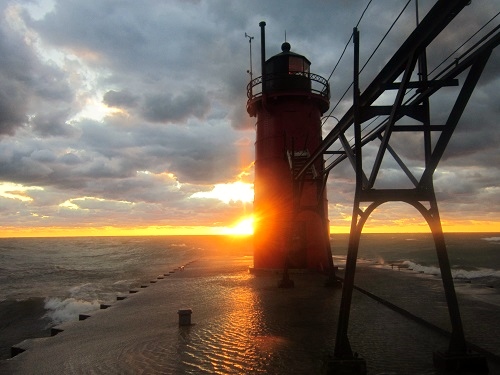 South Haven, Michigan, Lake Michigan, lighthouse, pier, beach at sunset